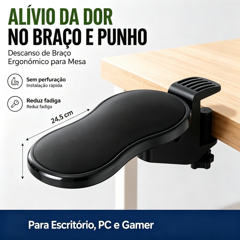 Apoio de Braço Ergonômico para Mesa, Suporte Rotativo 180° Dobrável, Sem Furos, Alívio de Fadiga