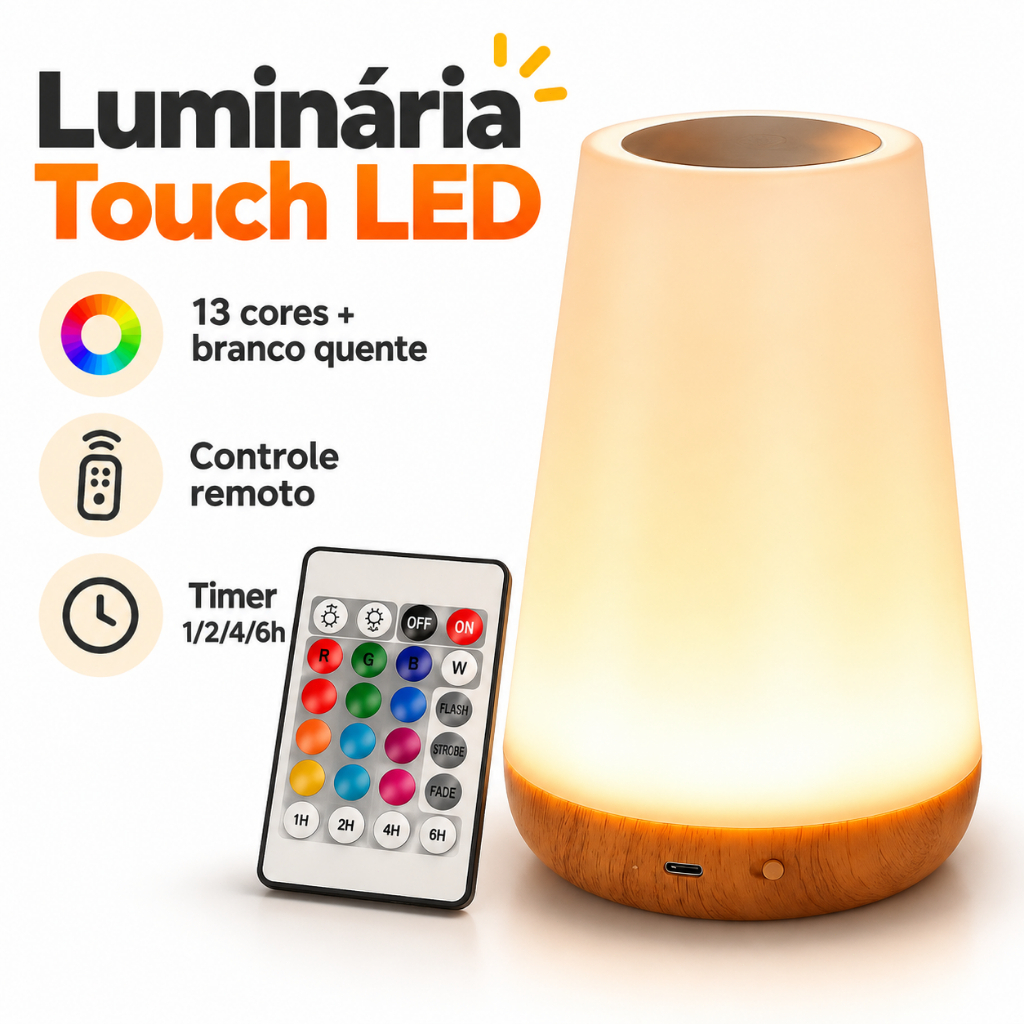 Luminária LED Noturna para Quarto 13 Cores RGB Recarregável USB com Controle Remoto e Toque 3 Modos