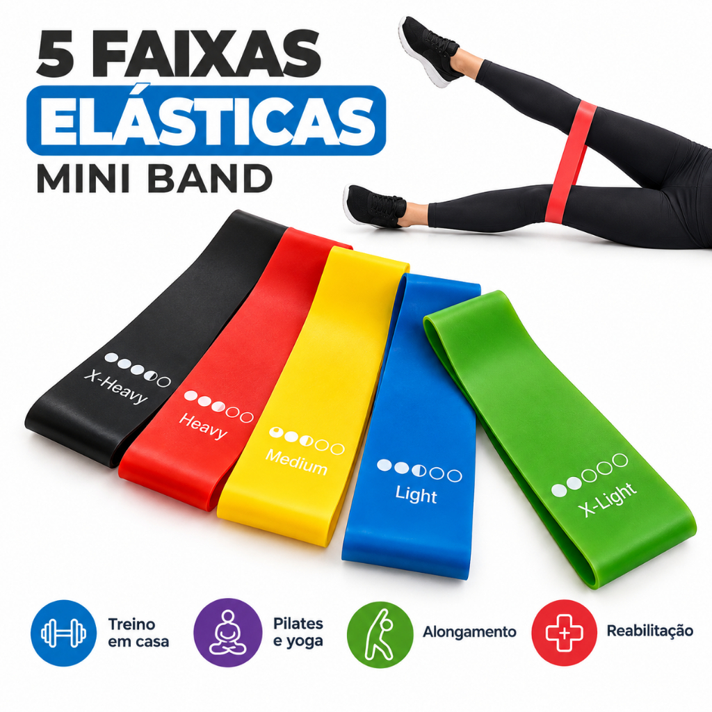Conjunto 5 Faixas Elásticas Mini Band – Treino em Casa, Funcional e Fisioterapia