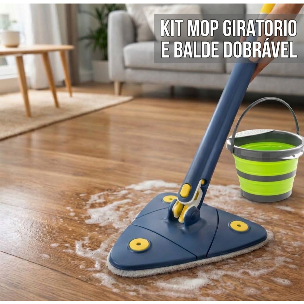 Kit Mop Limpeza Giratório  360 Grau e Balde Dobrável 23 litros