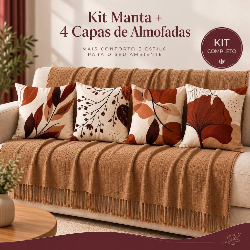 Kit Manta Decorativa P + 04 Capas de Almofadas Copa para Sala Decoração