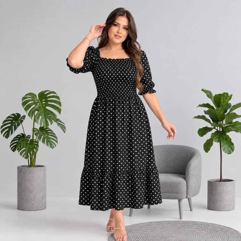 Vestido Feminino Midi Manga Princesa Estampado Flor moda Evangélica