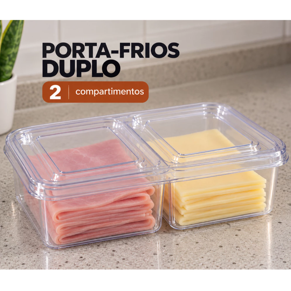 Porta Frios Duplo 2 Compartimentos 1250ml Organizador de Geladeira para Queijo Presunto e Frios com 2 Divisórias
