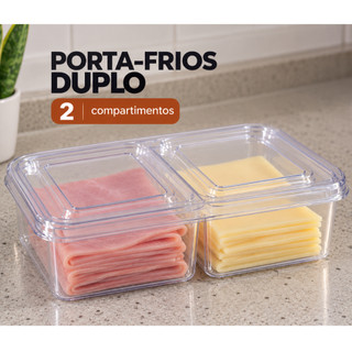 Porta Frios Duplo 2 Compartimentos 1250ml Organizador de Geladeira para Queijo Presunto e Frios com 2 Divisórias
