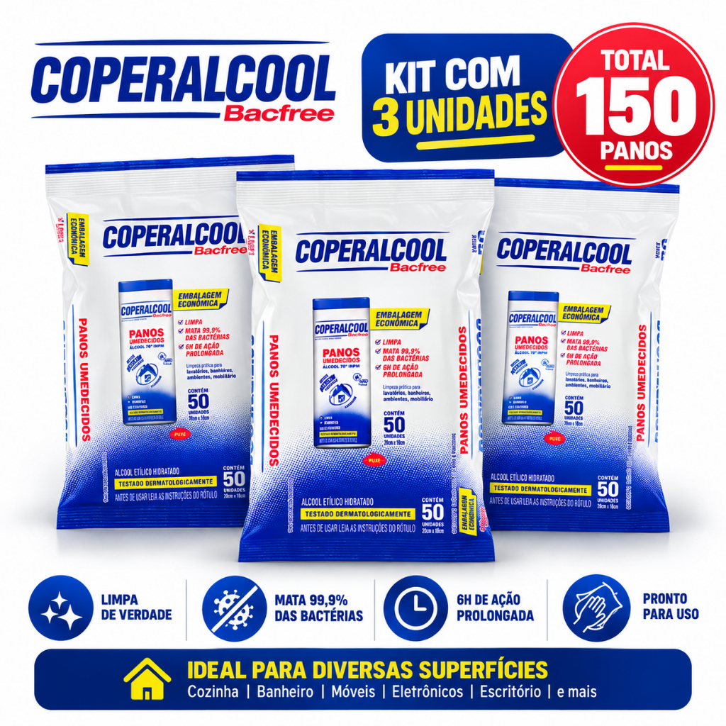 Kit Pano Umedecido Coperalcool Com 3 Pacotes 50 Lenços Cada