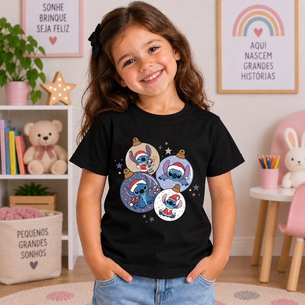 Camiseta Infantil Menina Stitch Algodão Premium Estampada Moderna Casual Confortável