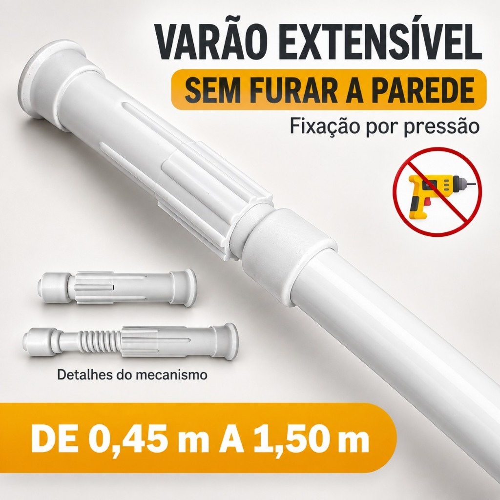 Varão Extensível Ajustável 45cm à 1,50m Cortina Box Banheiro Cozinha Suporte Não Fura Branco