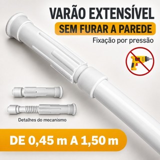 Varão Extensível Ajustável 45cm à 1,50m Cortina Box Banheiro Cozinha Suporte Não Fura Bra…