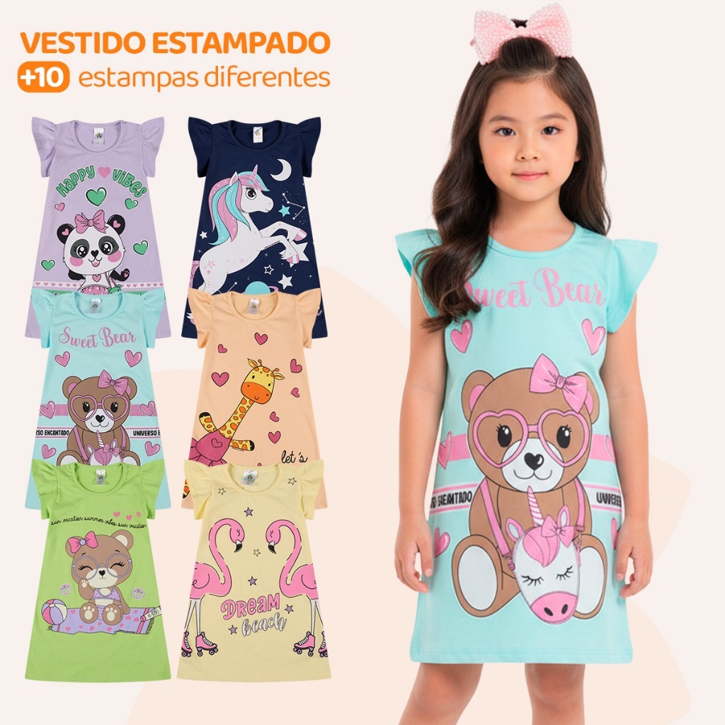 Kit 2 ou 4 Vestido Infantil Menina Verão  Feminino Estampados 100% Algodão com Mangas Franzidas
