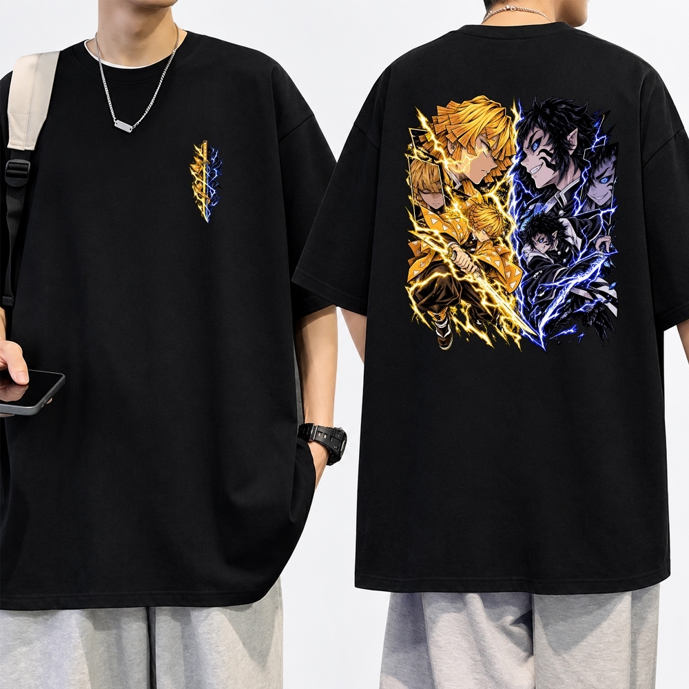 Camiseta Demon Slayer Anime Zenitsu Personagem Luta Castelo Infinito Estampada Unissex 100% Algodão Plus Size