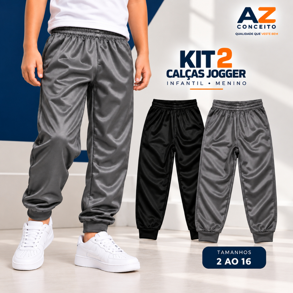 Kit 2 Calça Infantil Jogger Menino Forrada Juvenil Reforçada  2 Ao 16 Preto e Cinza