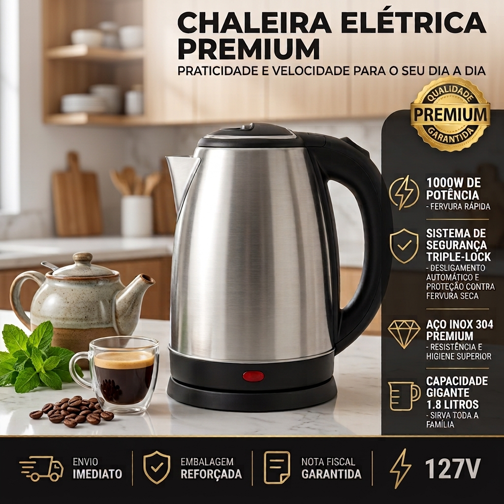 Chaleira Jarra Elétrica Inox 1,8L 127V Desligamento Automático Aquecimento Rápido Café Chá Fervedor de Água