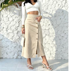 Saia Midi em Linho Premium | Cintura Alta Forrada com Bolso — Tamanhos M, G, GG