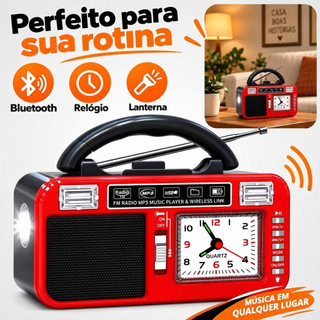 Rádio Relógio Retro Vintage Bluetooth FM AM SW USB Portátil Caixa de Som com Alarme e Lanterna