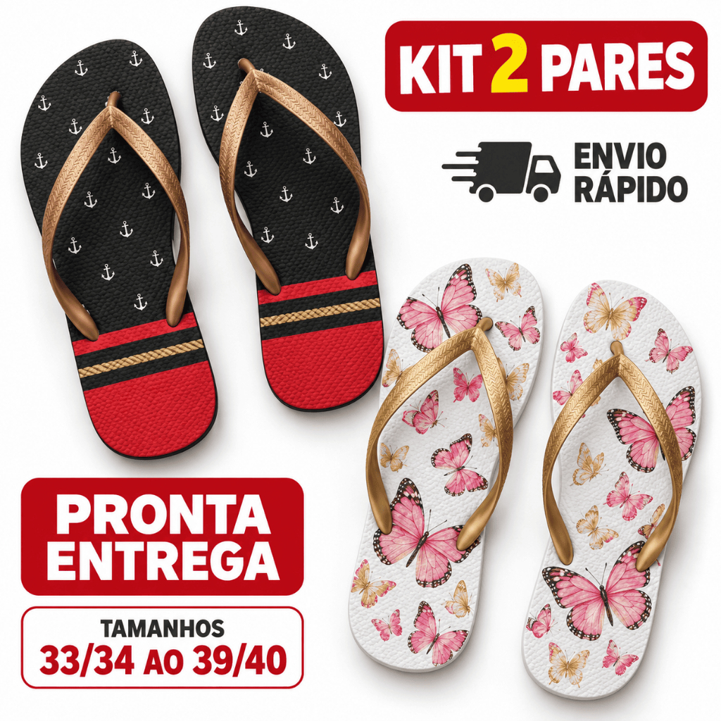 Kit 2 Pares Chinelo Feminino Adulto Borracha Antiderrapante Confortável Estampado Casual Dia a Dia