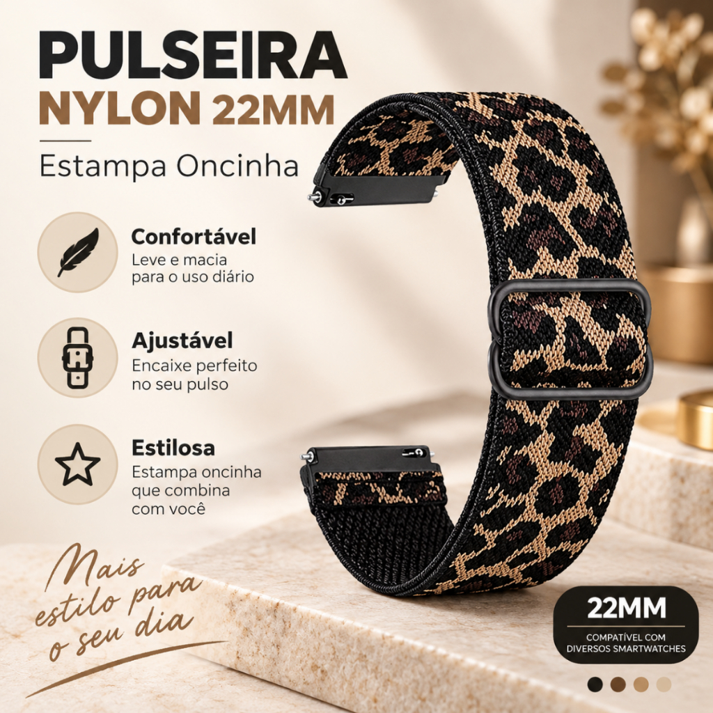 Pulseira de Oncinha 22mm Para Smartwatch Relógio Huawei GT7 pro/ Huawei GT6 pro/ Bip 6/ Nylon Luxo Moderna