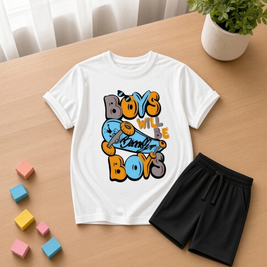 Conjunto Infantil  Short Moletinho e Camisa Estampada Masculina criança 2 cores de bermuda