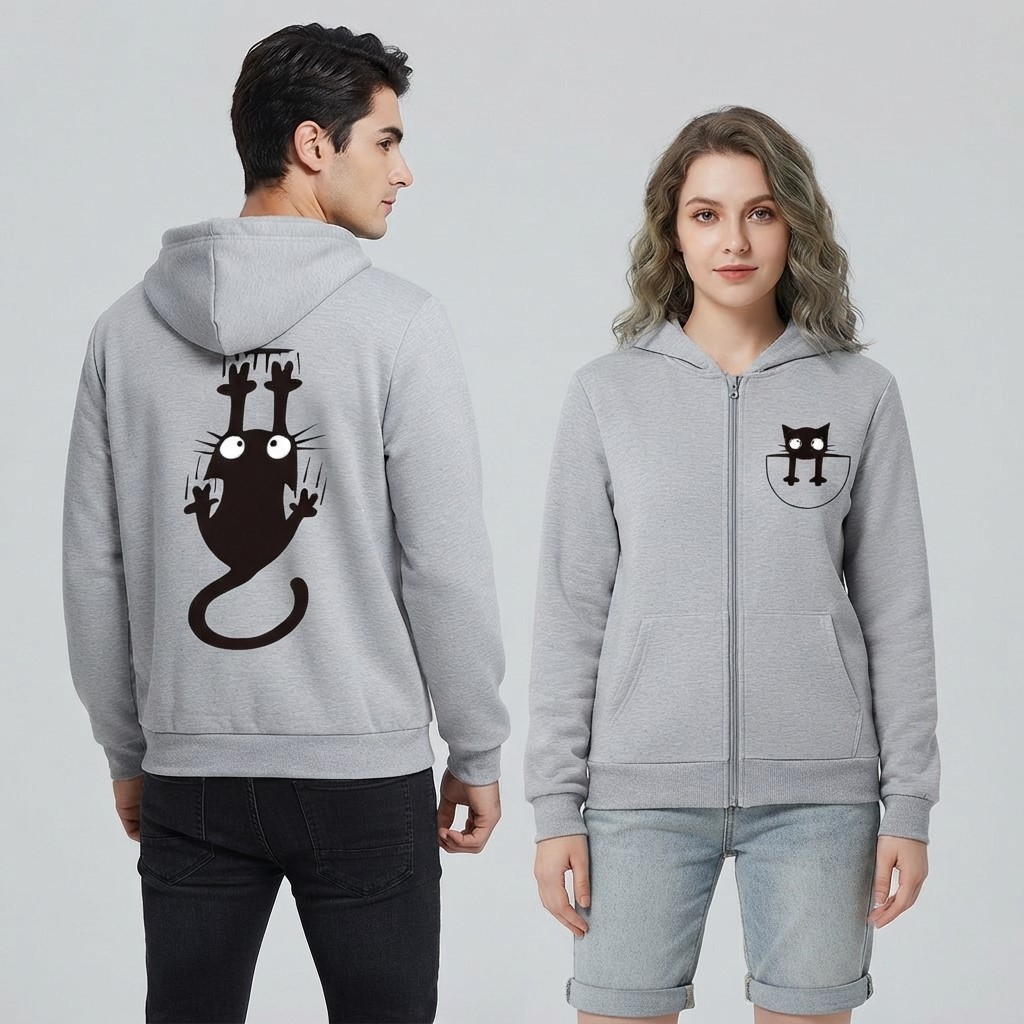 Moletom Ziper Estampa Gato Escalando Estilo Tumblr & Pet Lover Divertido Unissex