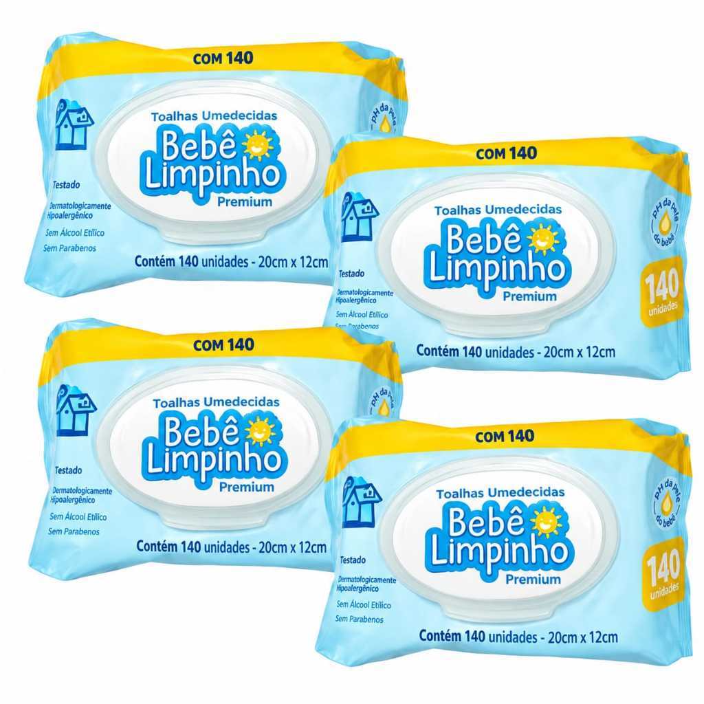 KIT 4 PACOTES LENCOS UMEDECIDOS BEBE LIMPINHO 560 UNIDADES TOALHAS UMEDECIDAS CIMED 