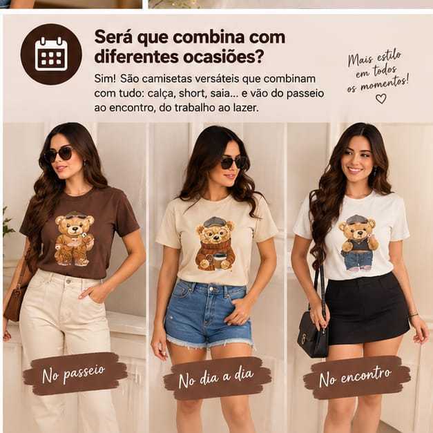 Kit 3 Camisetas Feminino Bear Fashion Estilo Minimalista Uso Diário camisa 100% Algodão 30.1