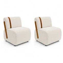 Kit 2 Poltronas Lisboa Orgânica Bouclê Off Detalhe Madeira Faixa Courino Confortável Sala Estar Recepção Quarto – AV