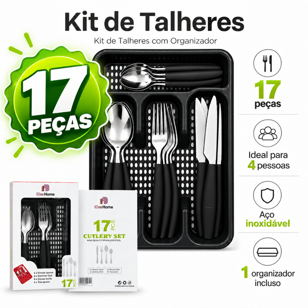 Jogo de Talheres Conjunto 17 Peças Faqueiro Aço Inox com Organizador Suporte para Gaveta Garfo Faca Colher 4 Pessoas