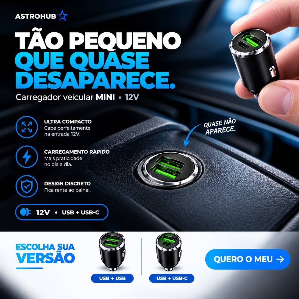 Carregador Veicular automotivo para celular Mini Dual USB 3.0 Carregamento Rápido 12V 24V