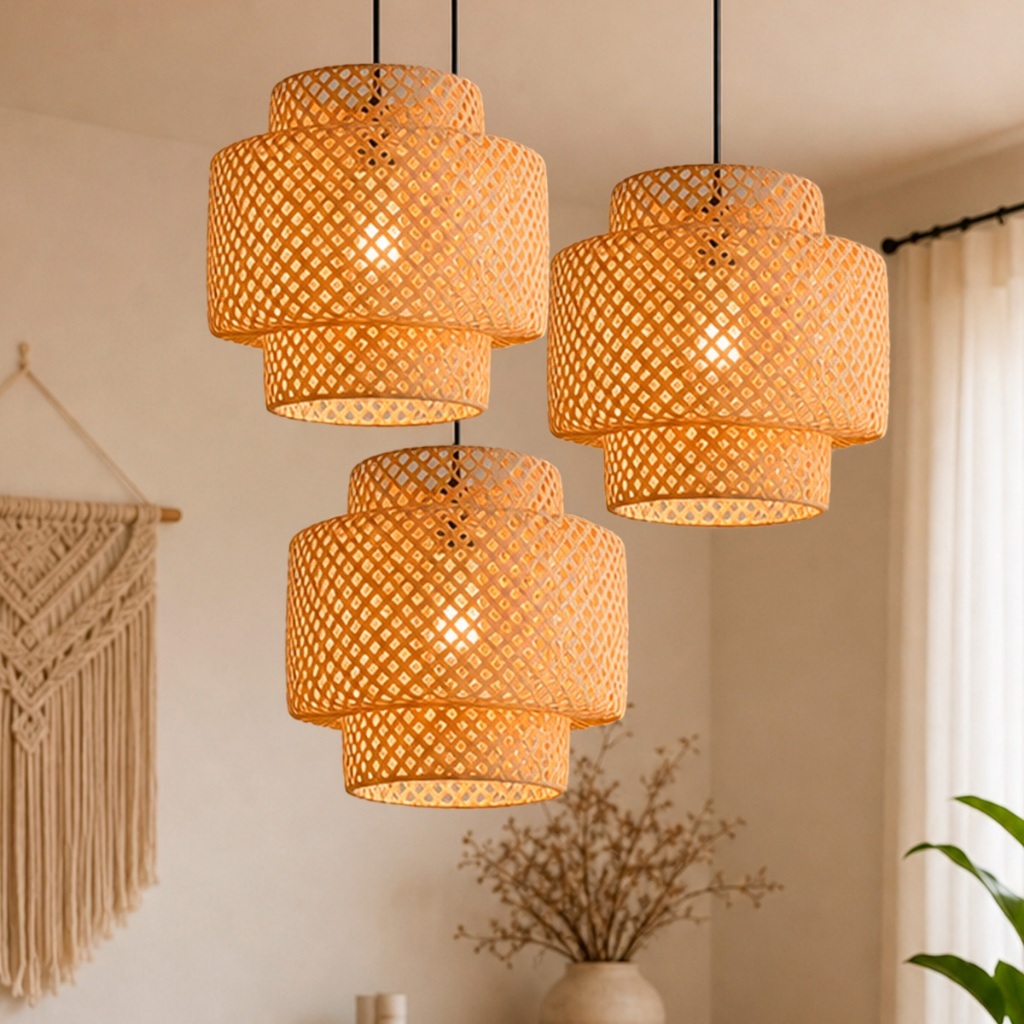Kit 3 Luminária de Teto Lustre Pendente Bambu Yuna Cayman 40 Rústico Decoração Natural Leve Boho