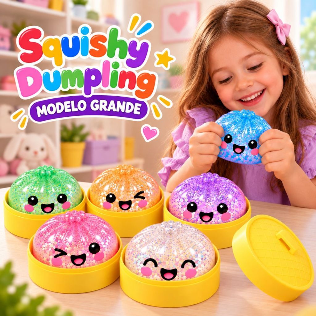 Kit 2 Squishy Grande 8,5cm Glitter Surpresa Dumpling Antiestresse Bolinho Baozi Com Carinha Fofa para Apertar