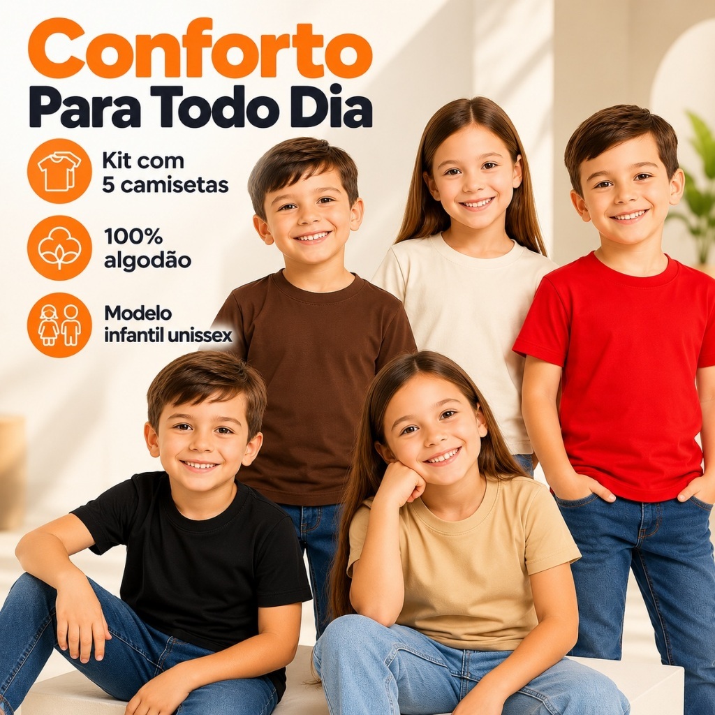 Kit 05 Camiseta Básica Infantil Lisa Unissex Blusa Algodão Manga Curta Menino e Menina