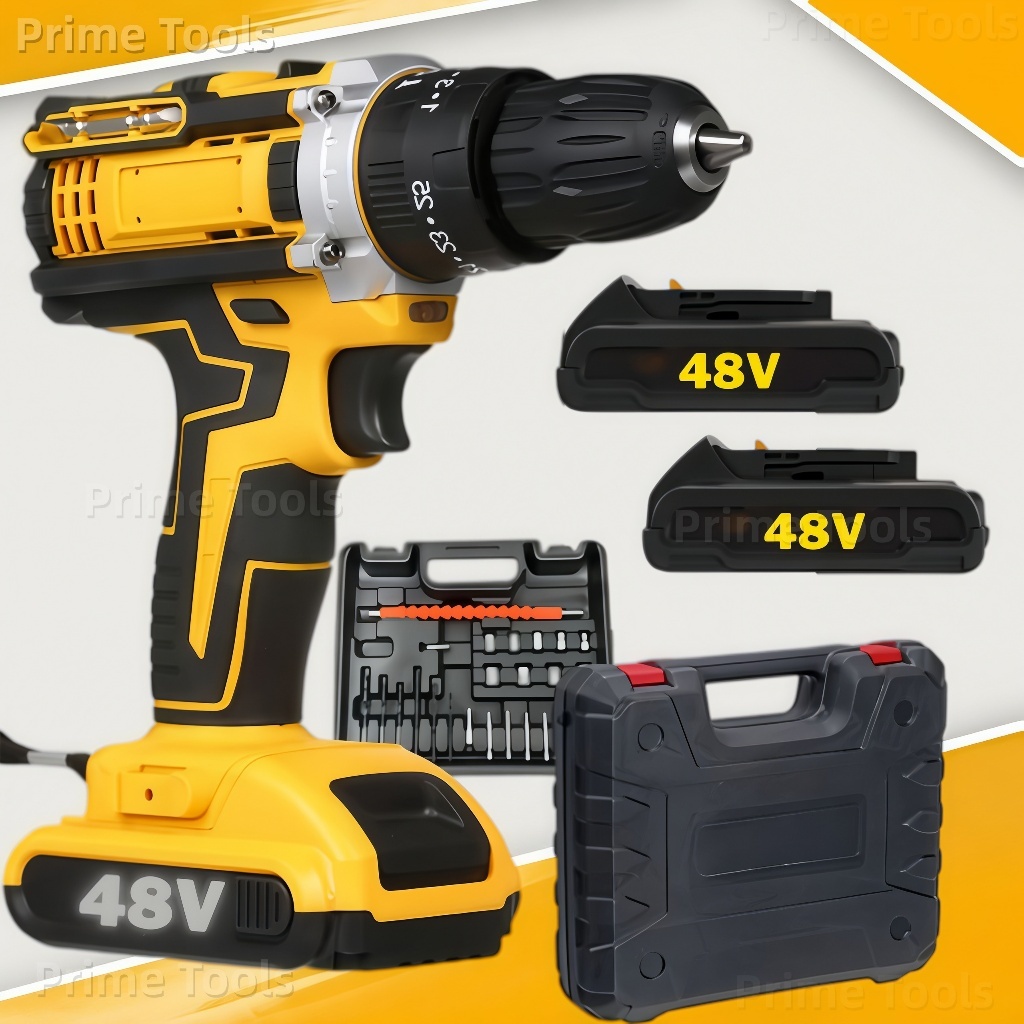 Parafusadeira Furadeira 48V de Impacto Sem Fio com 2 Baterias, Maleta e Kit Completo de Acessórios 3 em 1
