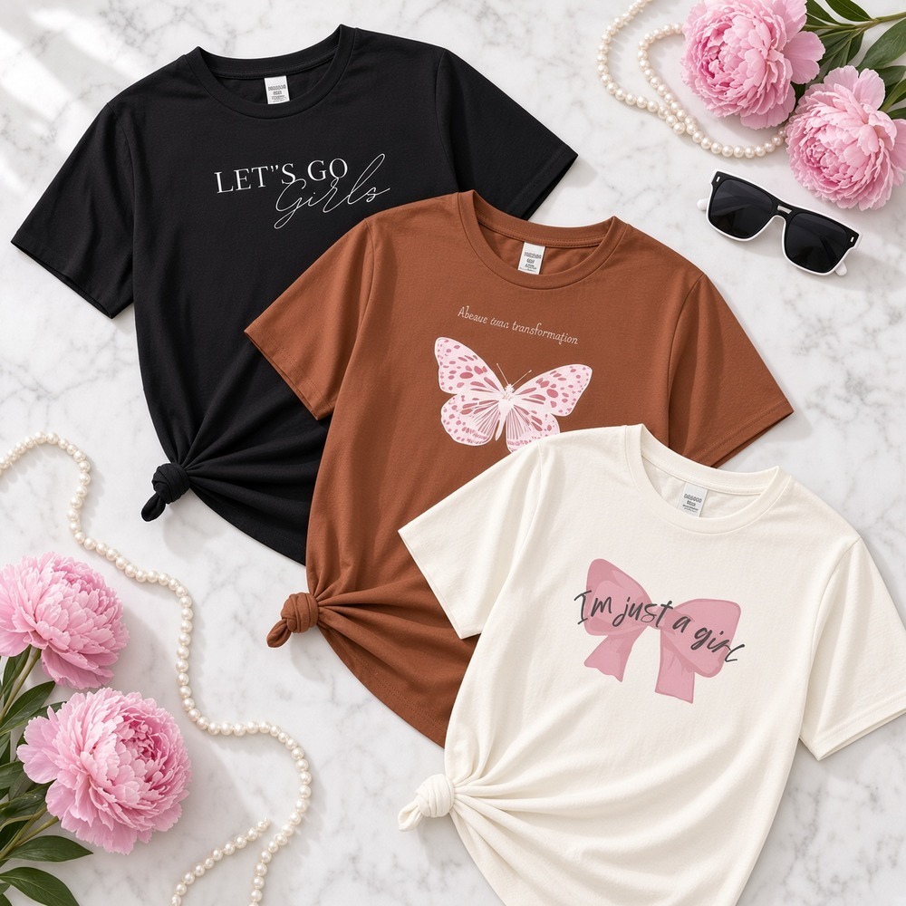 Kit 3 Camisetas Femininas Estampadas Lets Go Girls Borboleta I'm Just a Girl Laço Blusinha Algodão Confortável