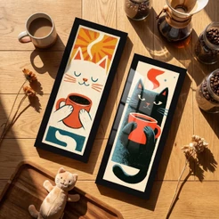 Kit 2 Quadros Decorativos Gatos Cantinho do Café com Moldura e vidro 18x45cm Decoração Cozinha Copa Bar