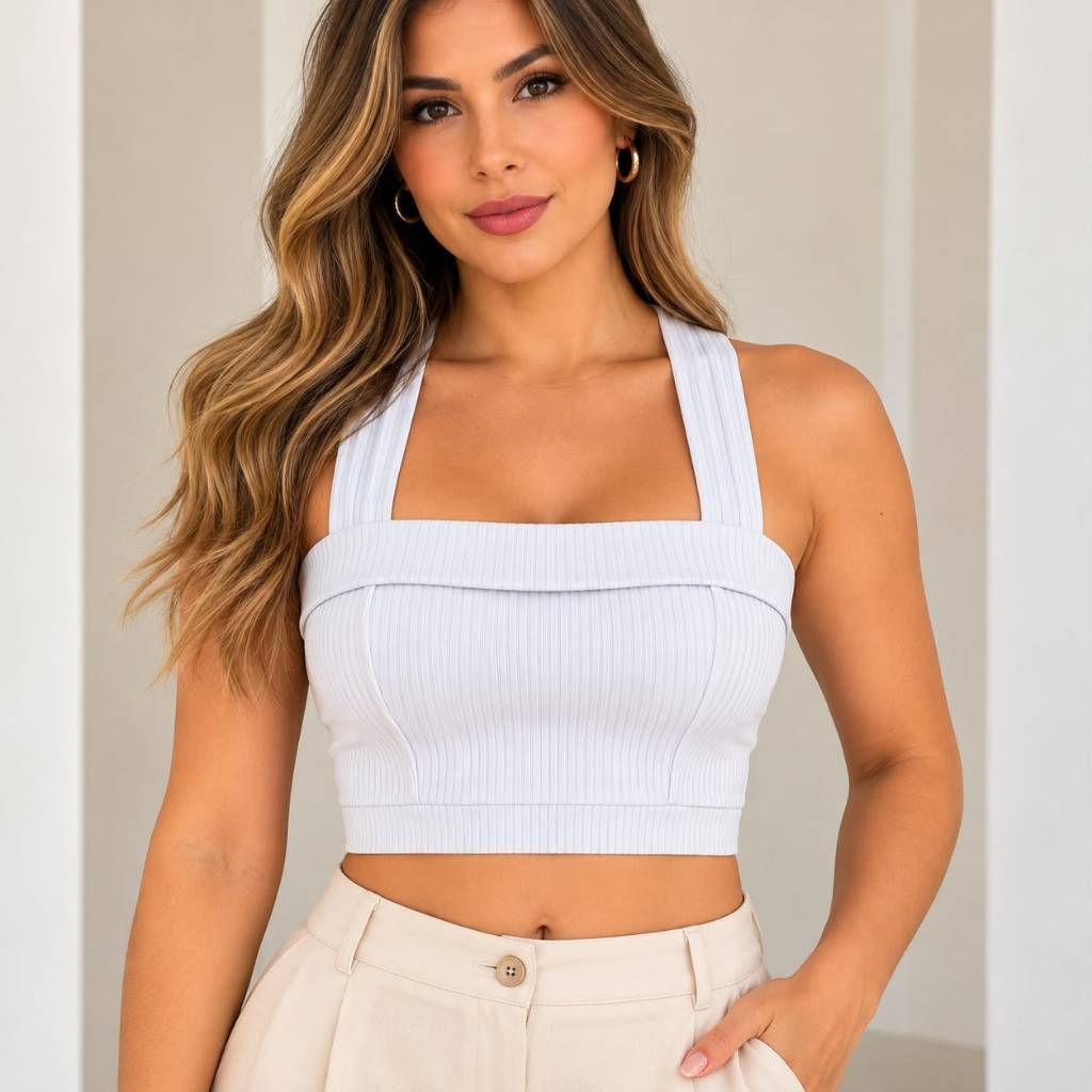 Top Cropped Feminino Canelado Poliéster Alças Largas Blusa Curta Justa Casual Confortável Moderna Tendência Verão Branco