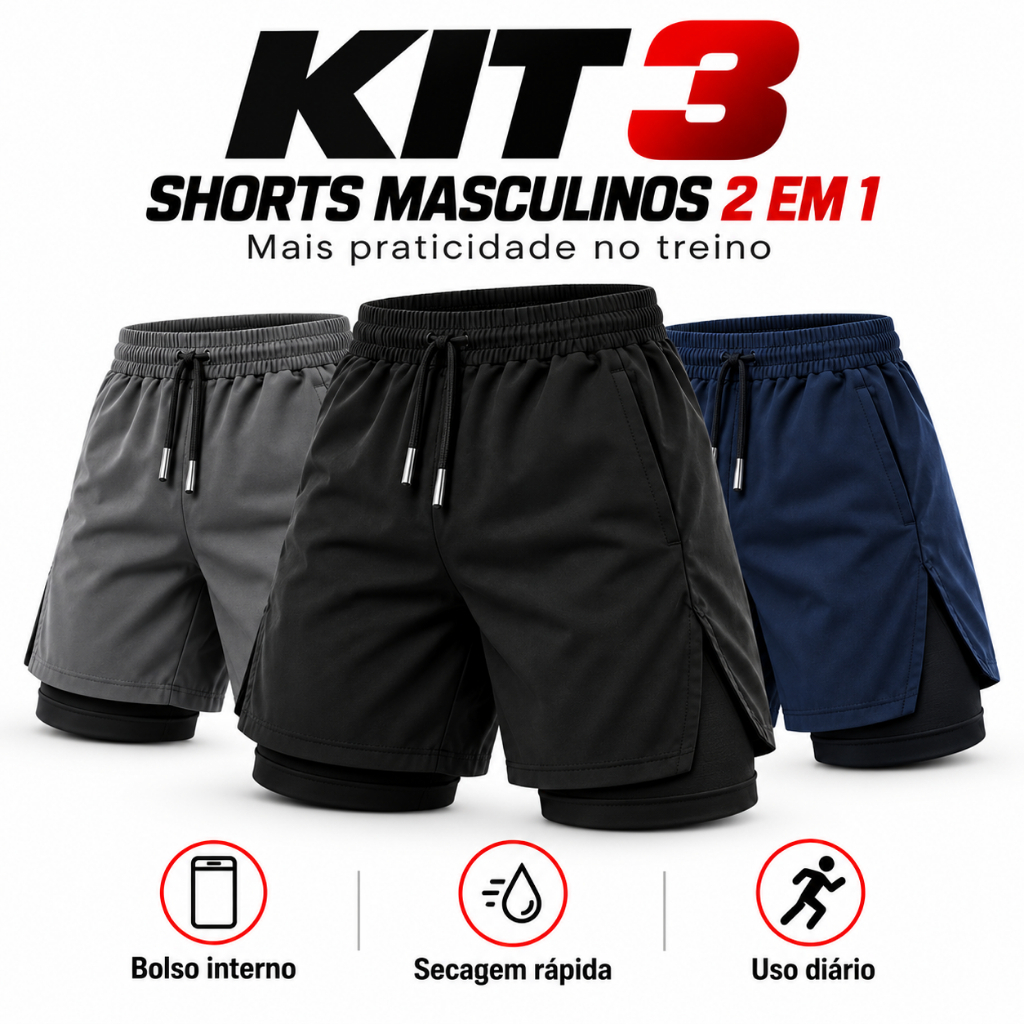 KIT 3 Short 2 em 1 Masculino Dry Fit Academia Corrida Esportivo Leve e Confortável