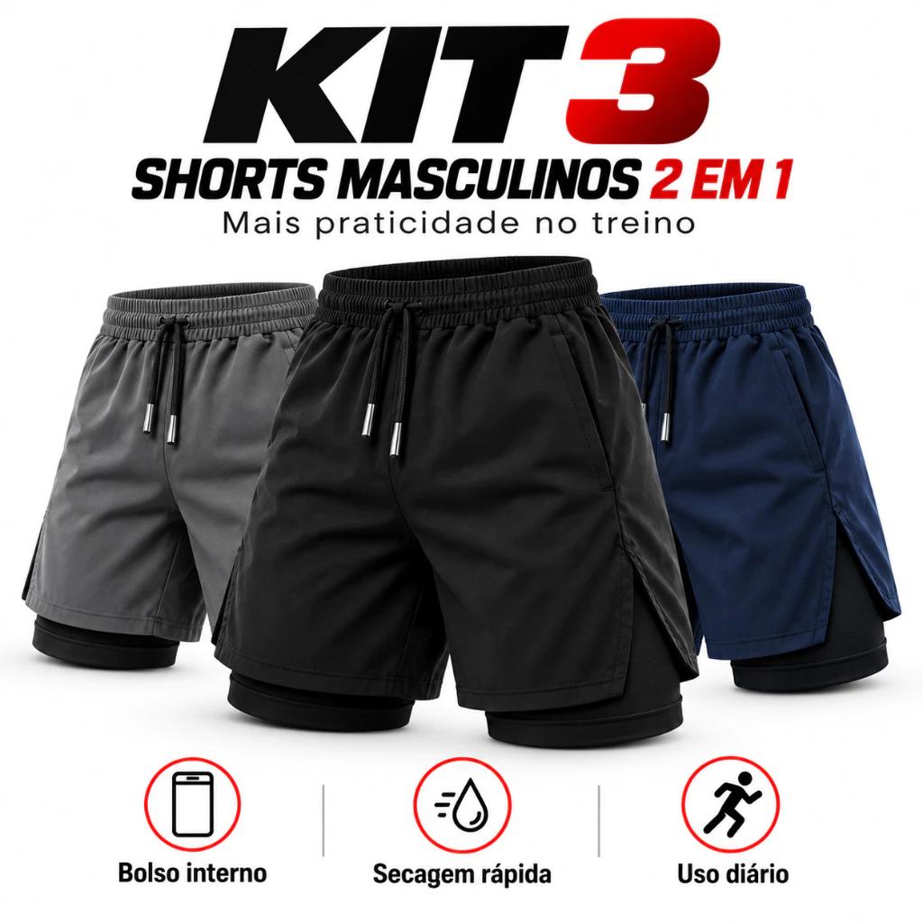 KIT 3 Short 2 em 1 Masculino Dry Fit Academia Corrida Esportivo Leve e Confortável — imagem 1