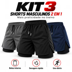 KIT 3 Short 2 em 1 Masculino Dry Fit Academia Corrida Esportivo Leve e Confortável