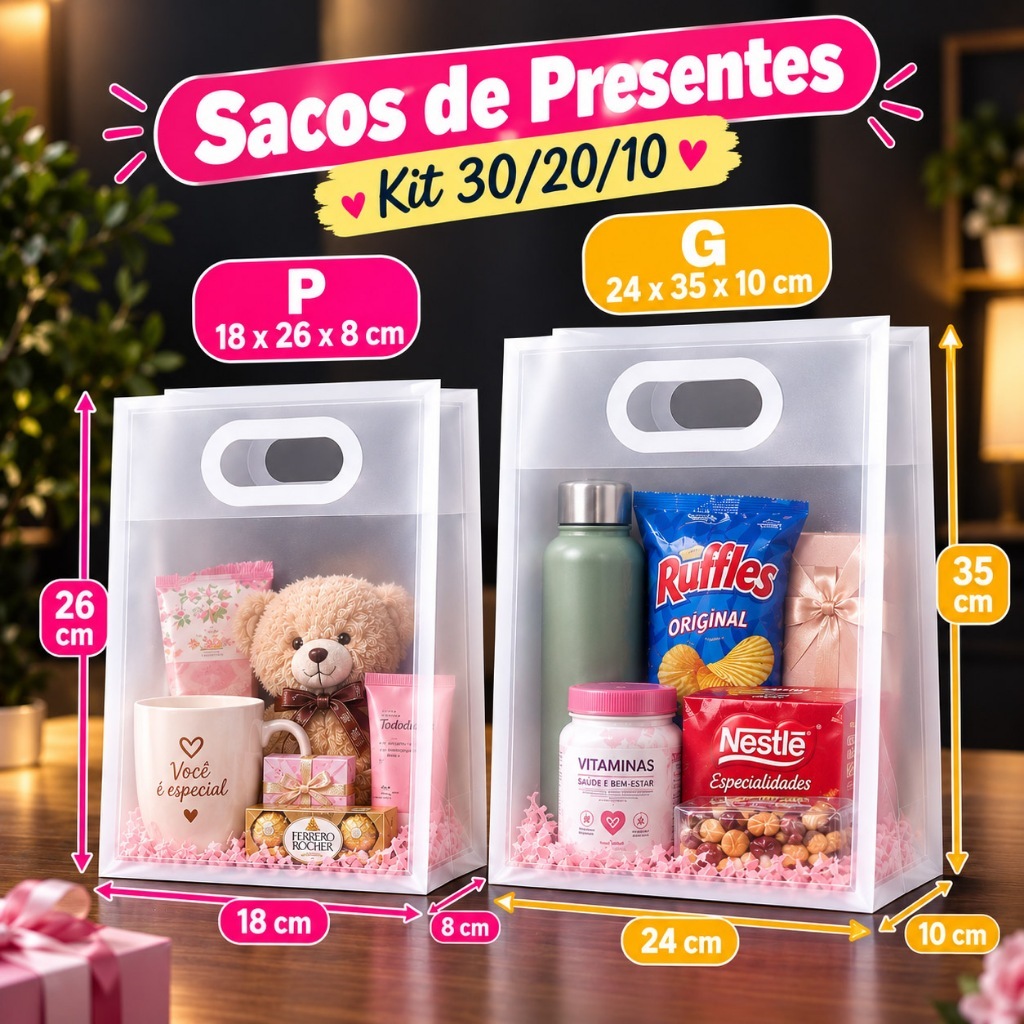 Kit 10/20/30 Sacolas Transparentes PVC de Presente Lembrancinhas de Aniversário e Festa Embalagem para Doces Brinquedos