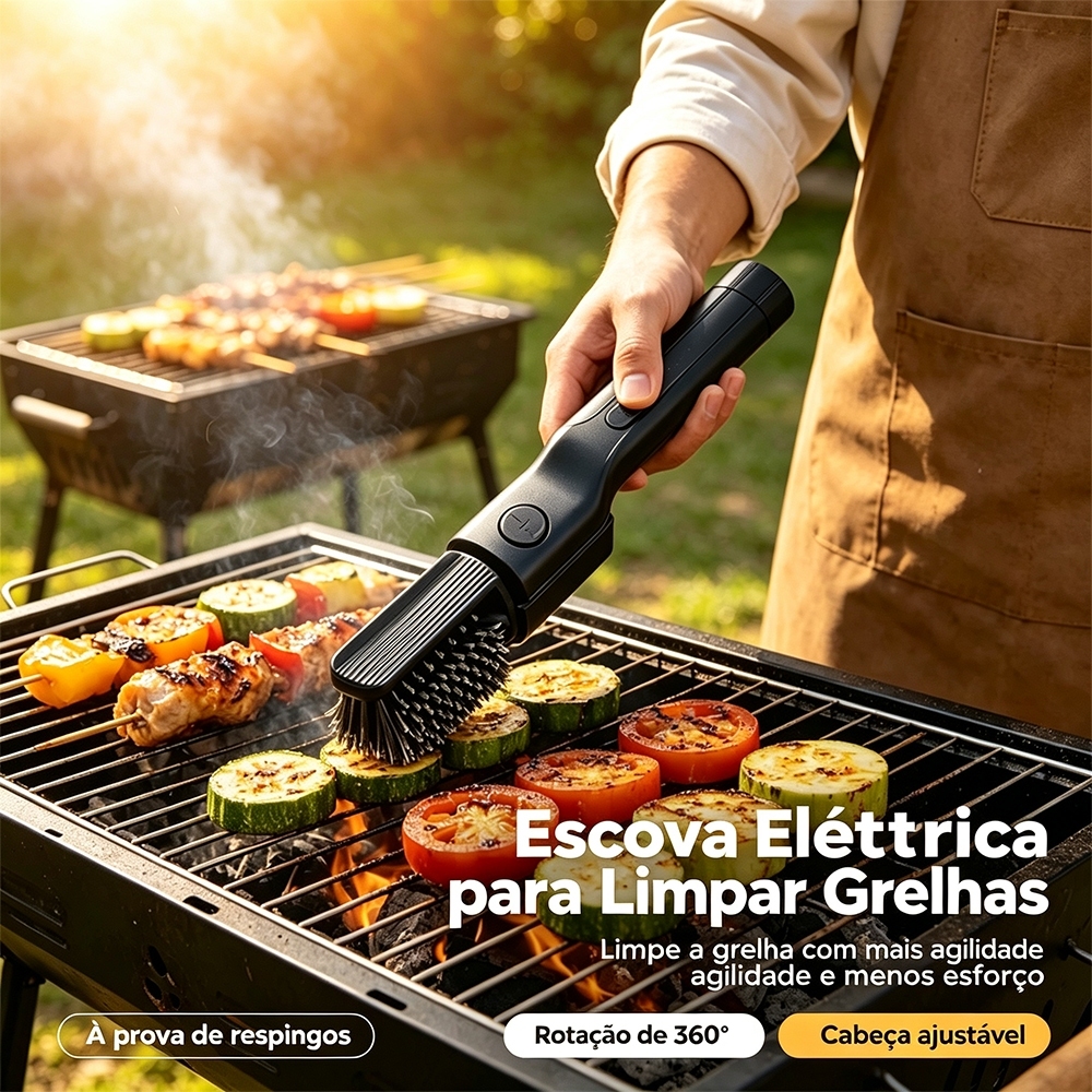 Escova Elétrica para Grelha Churrasco Limpeza Profunda com Defletor 360° USB
