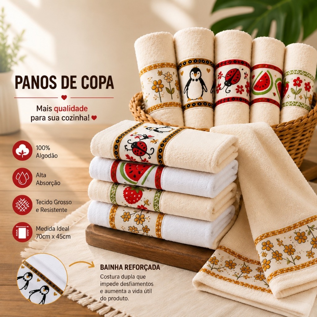 Kit 3 e 5 Panos de Copa Algodão Felpudo Alta Absorção para Cozinha Uso Diário Limpeza Doméstica