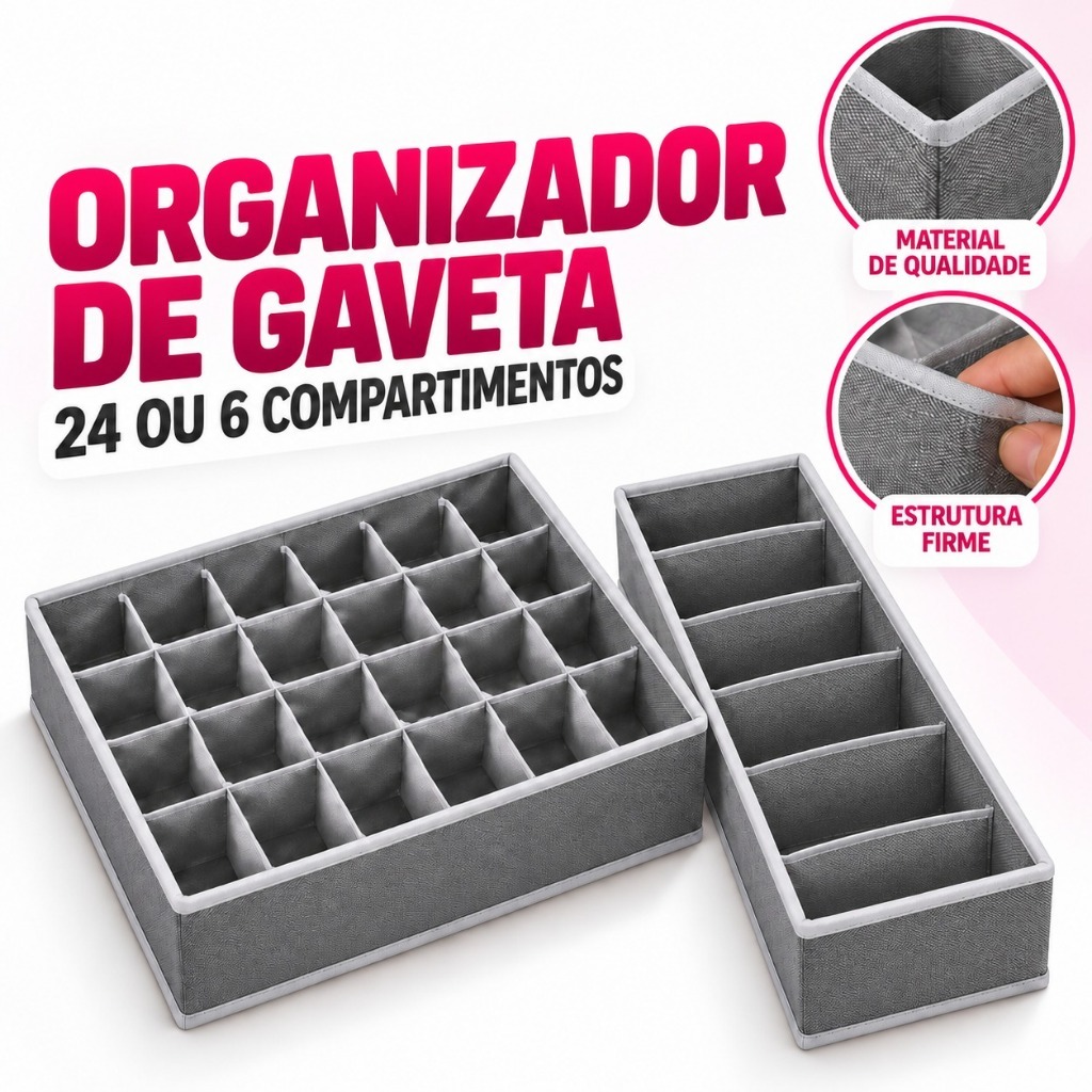 Organizador de Gaveta 24 Divisórias para Meias Roupas Íntimas e Acessórios