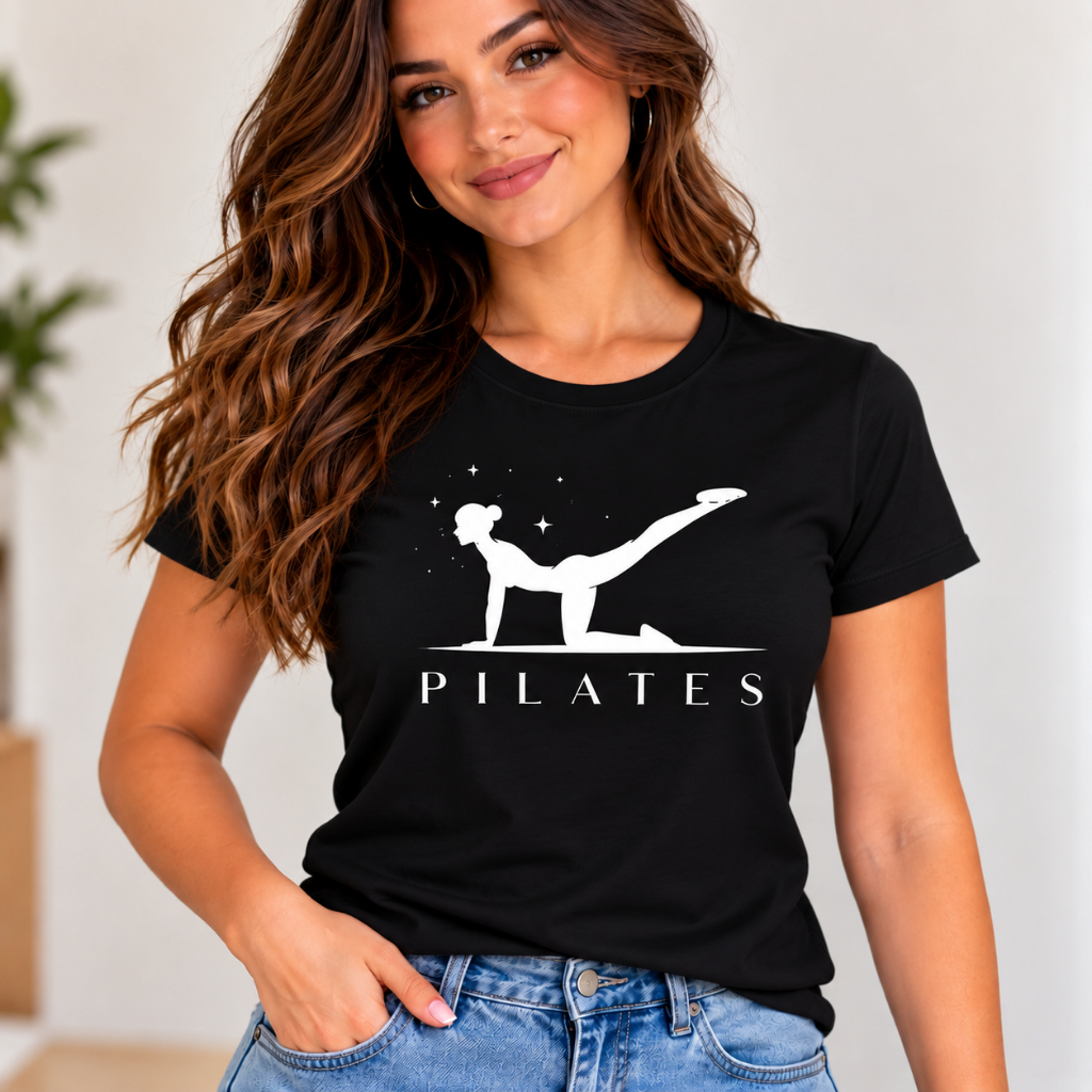 Camiseta Baby Look Feminina Pilates T-Shirt Estampada Manga Curta Várias Cores Confortável Casual