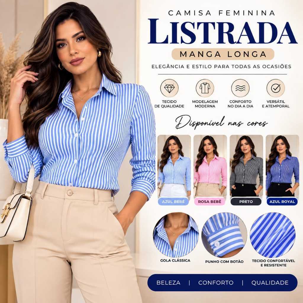 Camisa Feminina Listrada Manga Longa – Acabamento Elegante, Botões Transparentes e Modelagem Sofisticada