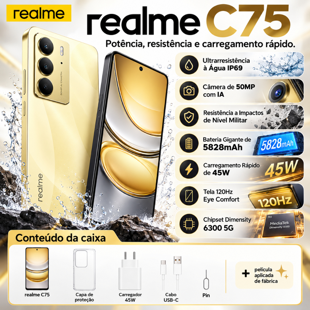 Celular Smartphone Realme C75 Dual SIM - 5G 256Gb 8Gb RAM NFC Original Envio Imediato
