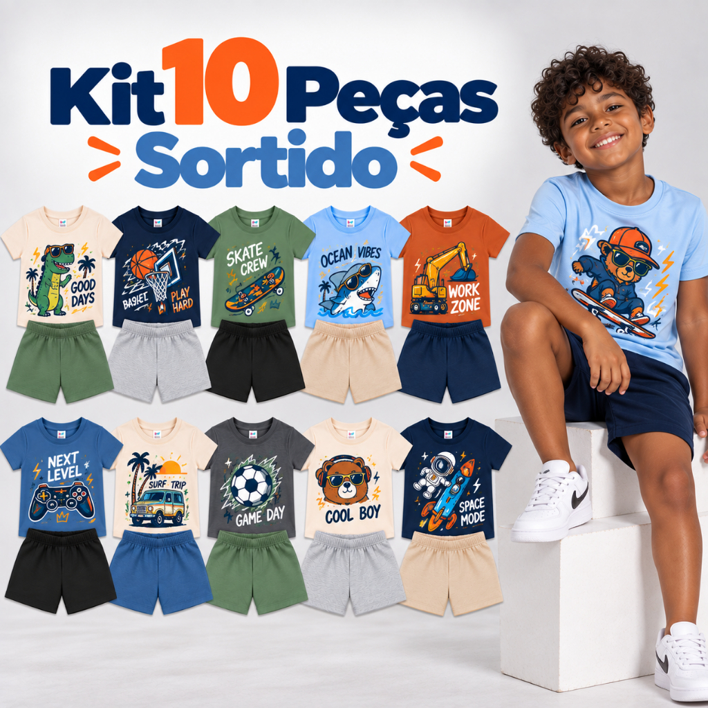 Kit Sortido 10 Peças ou 6 Peças de Roupas Infantil Menino ou de Roupa Infantil Verão Masculino