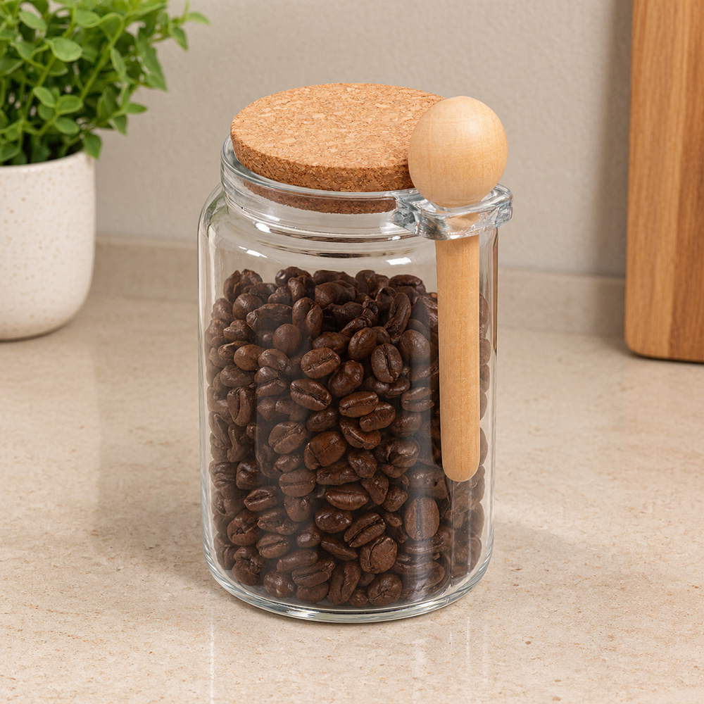 Pote Redondo 650ml Vidro com Colher de Bambu e Tampa de Cortiça Lyor para Mantimentos Grãos Temperos Organização Cozinha