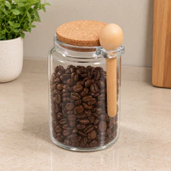 Pote Redondo 650ml Vidro com Colher de Bambu e Tampa de Cortiça Lyor para Mantimentos Grãos Temperos Organização Cozinha