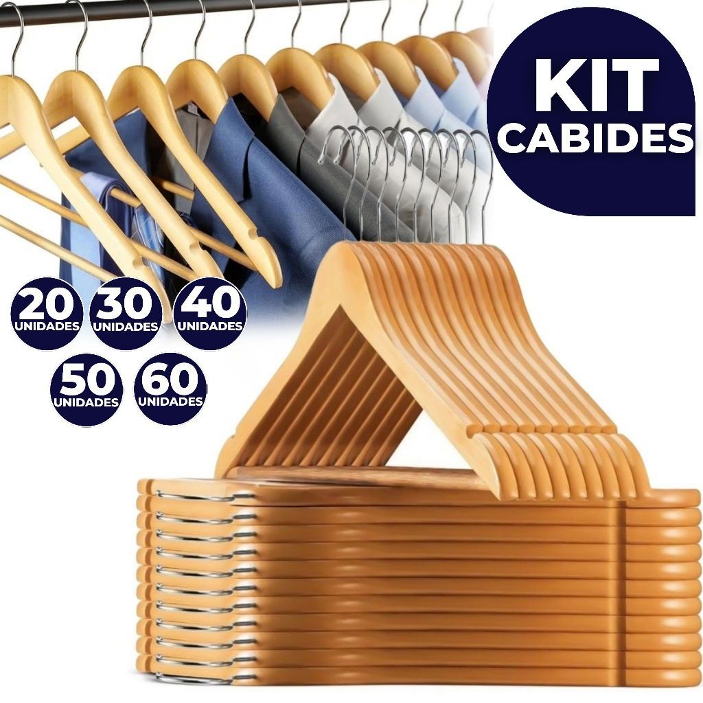 Kit Até 60 Cabides De Madeira Premium Marfim Para Roupas Calça Gancho Cromado