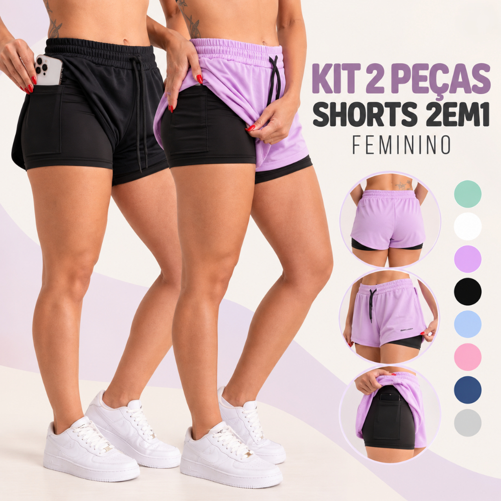 Kit 2 Shorts 2 em 1 Feminino Dryfit Bermuda Dupla Para Treino Academia Caminhada e Outros Esportes