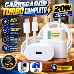 Carregador Completo USB-C Lightning Cabo + Fonte Tipo C Turbo Iphone 8 11 12 13 14 20W Homologado Anatel